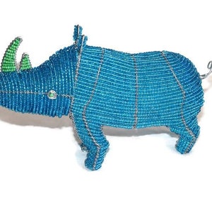 Blue glass beads Rhino Figurine with green horns. African Animals art. Custom Orders Welcome. Colorful Safari Collection, ship Express gifts