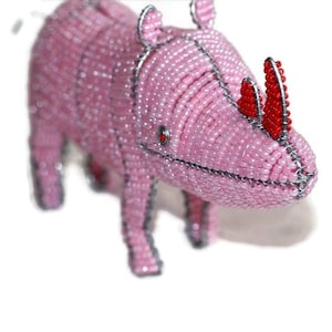 Pink Beads and Wire Rhino Figurine with red horns. African  animals art. Custom Orders Welcome. Colorful Safari Collection by Job Guwhe.