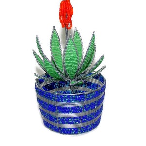 Green Aloe Vera plant on Blue Mixed Seed and glass beads Vase. Home decor artificial flower, handmade gifts. Shipping Worldwide by JNGcape