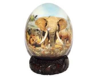 African Big Five Animals Decoupage Ostrich Egg shell. Daylight Safari Art gifts. Unique Ornament with carved wood ring stand. Ready to Ship