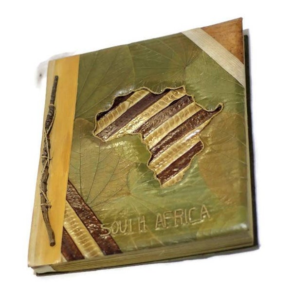 Vintage style African Photo Album from dried leaves. Scrapbook Wedding Gift photo Storage. With African map or table mountain + more designs