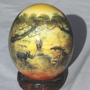Decoupage Ostrich Egg with African big 5 Animals, Antelopes, giraffes, Zebras. Unique Handpaint, Print + Map Christmas Gifts, Ships Express