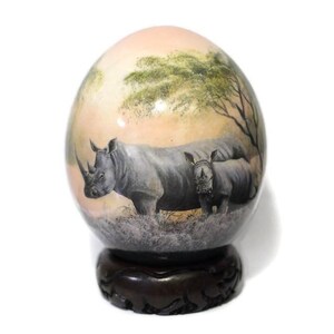 Hand Painted Rhino Family Decoupage on an authentic Ostrich Egg Shell. Unique African art Gifts for Home and office decor. Express Shipping