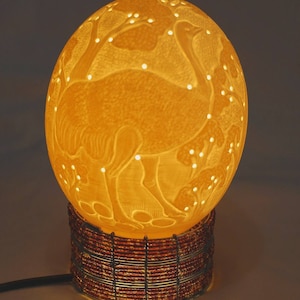 Carved Nesting Ostrich on real Ostrich Egg Shell Lampshade with beads and wire lamp holder. Wedding/Christmas African Gifts, Ready to ship.