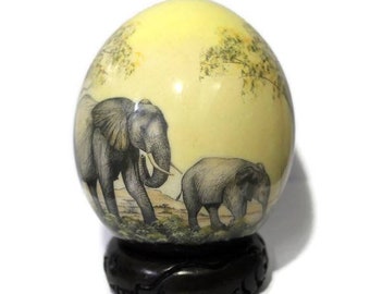 Elephant with Calf Decoupage Ostrich Egg Shell. Hand painted Safari art, grazing Family Home Decor Ornament. Yellow background, ShipsExpress