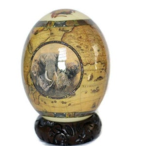Brown Ostrich Egg Decoupage with Big Five Animals on a circle and brown African Map. Unique office /Home Decor Gifts. Ready to Ship Express