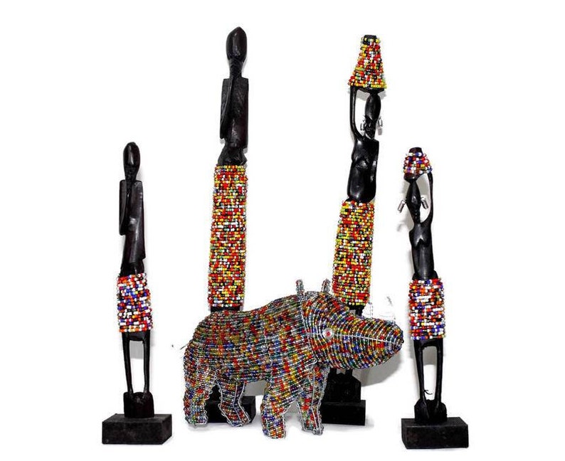 Wedding Gifts 2 Carved Ebony Wood beads structures and 1 bead and wire Animal African Masaai Couples and Colourful Beaded Rhino giftset