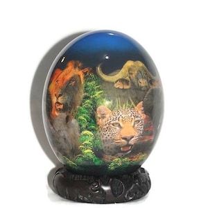 Blue Decoupage Ostrich Egg African Big 5 Animals on a forest background. Unique Hand Painted and Print art housewarming Gifts, Ships Express