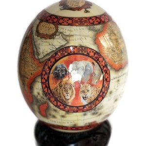 Feuerrote Decoupage Straußeneier Schale mit Big Five Tieren und afrikanischer Landkarte. Einzigartige Hochzeitsgeschenke Versandfertig Express Weltweit.