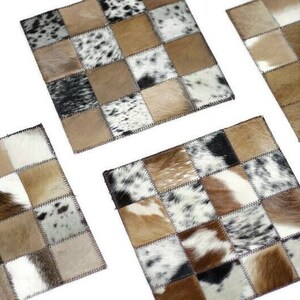 Square Nguni Cowhide Patchwork Placemats, African Decor, Set of 4