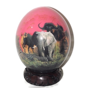 Decoupage Ostrich Egg Big 5 African Art Painted. Pink Background Animal Print Home Decor. Unique Christmas Gifts Ready to Ship Worldwide