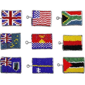 May include: Nine beaded flags on metal rings. The flags are of the United Kingdom, the United States, South Africa, Tuvalu,  Kiribati,  Germany,  Nauru,  Mozambique, and  the Bahamas.