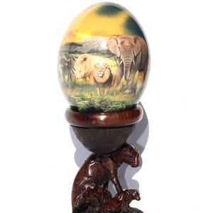 African Big Five Animals Decoupage Ostrich Egg shell. Night time Safari Art gift. Unique Ornament + Malawian carved wood stand Ready to Ship