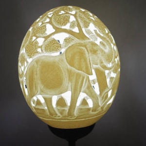 Ostrich Egg Fine Art carved Elephant Family Lampshade. Authentic shell with animals and tree cuttings Art. House warming/ office gifts