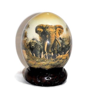 Decoupage Ostrich Egg with African Big 5 Animals handpainted on a forest. Plus wood Stand Unique Safari art. Christmas Gifts, Ships Express