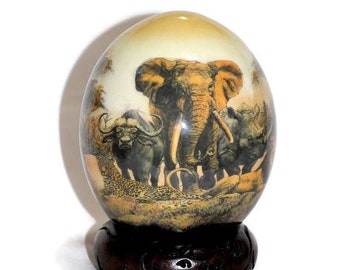 Decoupage Ostrich Egg with African Big 5 Animals handpainted on a forest. Plus wood Stand Unique Safari art. Christmas Gifts, Ships Express