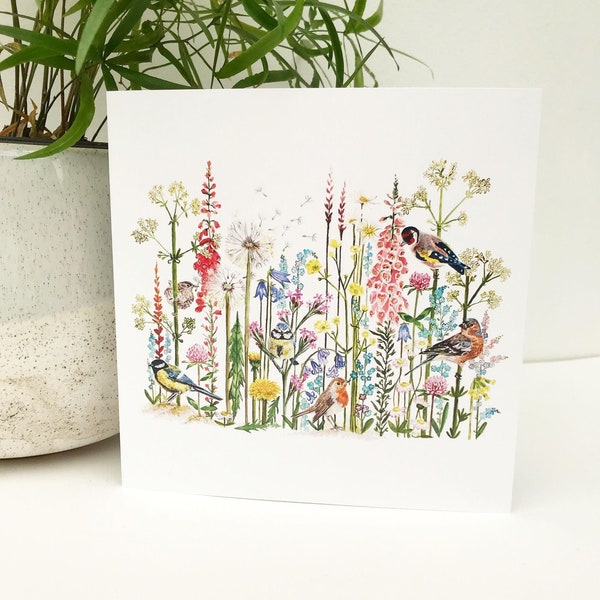 British Birds Card, Wild Flower Printed Greetings Card, Girls Birthday Card, Thank You Card, Pretty Water Colour Note Cards.