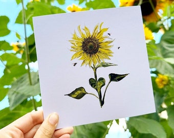Sunflower Card, Autumn Flower Printed Greetings Card, Girls Birthday Card, Thank You Card, Printed Art Note Cards.