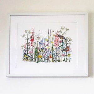 British Birds on Wildflowers Fine Art Print, Watercolour Painting, Perfect New Home Gift or Girls Wall Decor.