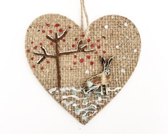 Hare decoration, Winter Woodland Heart Plaque, Rustic Wooden hanging Tree Decoration.