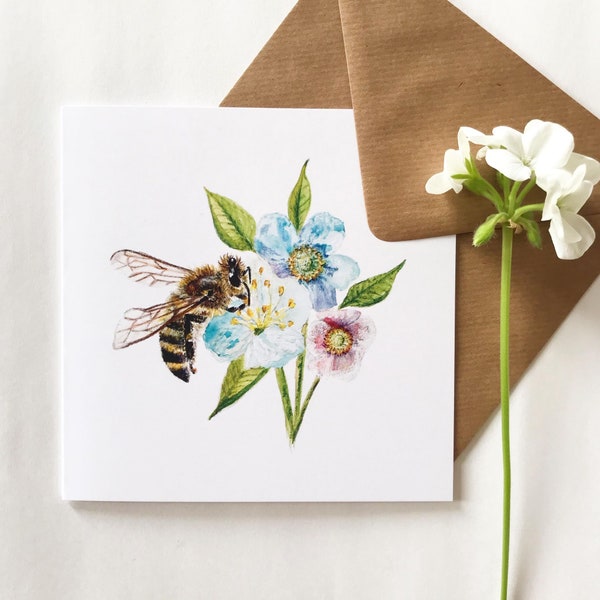 Honey Bee Card, Flower Printed Greetings Card, Girls Birthday Card, Thank You Card, Printed Art Note Cards.