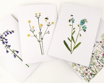 Wildflower Note Cards, Set of 4 Bee Printed Spring Flower Cards For Birthday, Easter or a Thank You.