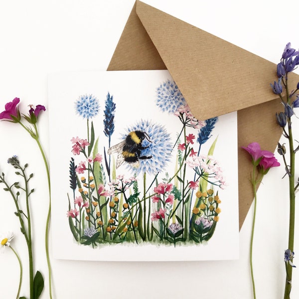 Bee Card, Wild Flower Printed Greetings Card, Girls Birthday Card, Thank You Card, Printed Art Note Cards.