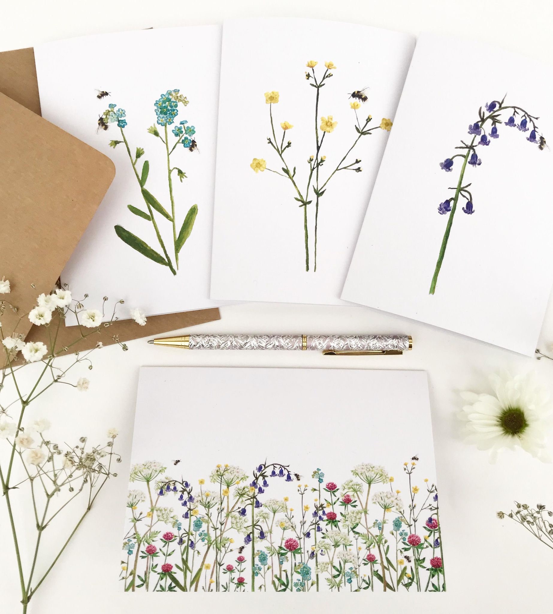 Wildflower Note Cards Set of 4 Bee Printed Spring Flower | Etsy