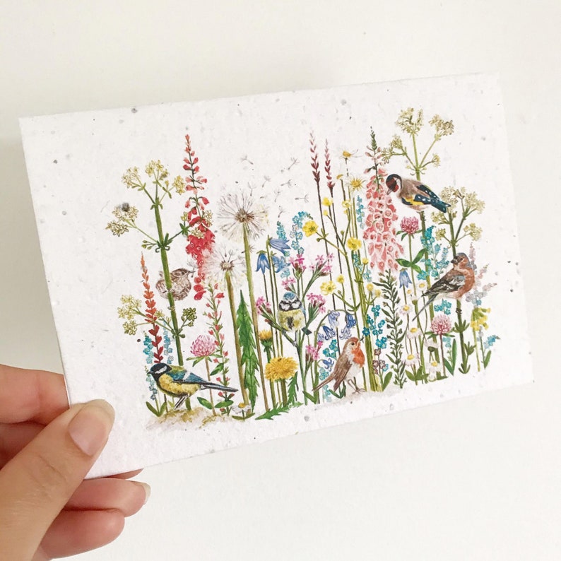 Wildflower Plantable Seed Card, British Birds Printed Note Card, Girls Birthday or Teacher Thank You Card, Garden Gift. image 3