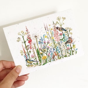 Wildflower Plantable Seed Card, British Birds Printed Note Card, Girls Birthday or Teacher Thank You Card, Garden Gift.