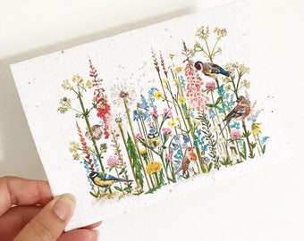 Wildflower Plantable Seed Card, British Birds Printed Note Card, Girls Birthday or Teacher Thank You Card, Garden Gift.