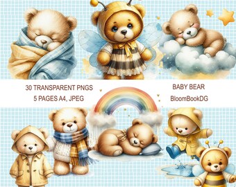 Oso bebé PNG y jpeg, imágenes prediseñadas de animales bebé, kit imprimibles, paquete PNG de oso lindo acuarela, imágenes prediseñadas de oso acuarela, baby shower de oso