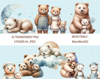 Oso familiar PNG y jpeg, imágenes prediseñadas de animales bebés, kit imprimibles, paquete PNG de oso lindo acuarela, imágenes prediseñadas de oso acuarela, baby shower de oso