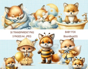 Baby-Fuchs PNG und JPEG, Baby-Tier-Clipart, Druckbares Kit, Aquarell Niedlicher Fuchs PNG-Bundle, Aquarell-Fuchs-Clipart, Fuchs-Babyparty