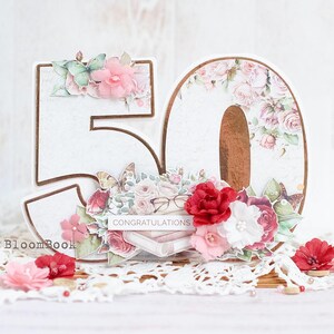 Tarjeta de deseos de cumpleaños número 50 | Tarjetas de cumpleaños número 50 hechas a mano para ella | Tarjeta de aniversario| Feliz 50 | Álbum de recortes | Tarjeta con flores hechas a mano