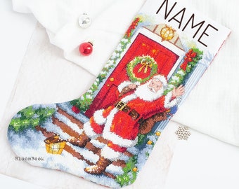 Finished Cross Stitch Christmas Stocking Santa and snowman, Dimensions, Personalized Completed Embroidered Picture, Embroidered stocking