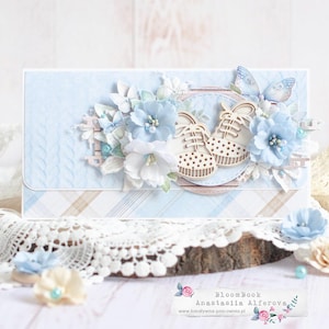 Ręcznie robiona koperta dla dziecka na prezent pieniężny lub bon, Ręcznie robiona kartka dla dziecka, Karta scrapbookingowa 3D, Niepowtarzalna kartka na baby shower, Karta scrapbookingowa