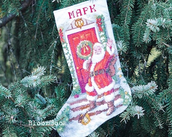 Finished Cross Stitch Christmas Stocking Santa, Ready to ship Personalized Completed Embroidered Stocking, Christmas gift, Embroidered
