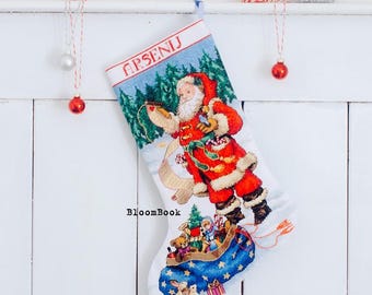 Ready to Ship Finished Cross Stitch Christmas Stocking – Handmade Embroidered Personalized Stocking, Holiday Decor, Unique Christmas Gift