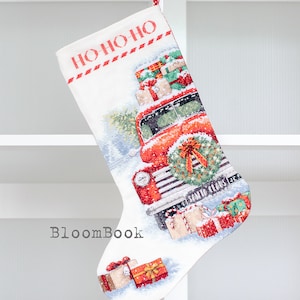 Finished Cross Stitch Christmas Stocking Santa Truck Dimensions, Ready to ship, Personalized Christmas gift, Embroidered stocking, Santa