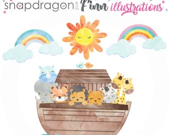 Acuarela Arca prediseñada, Arca Acuarela clipart, Acuarela Animales, Acuarela Sol, Acuarela Arco Iris clipart - Licencia Comercial Incluida
