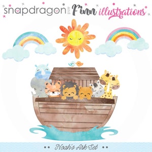 Clipart de Arca em Aquarela, clipart de Arca em Aquarela, Animais em Aquarela, Sol em Aquarela, Clipart de Arco-Íris em Aquarela - Licença Comercial Incluída