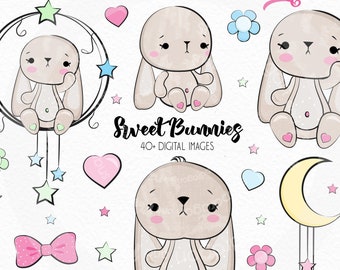 BUY5GET5 Sweet Bunnies Clipart, Cute bunny clipart, baby bunny clipart, watercolor bunny, moon and stars clipart, baby shower clipart