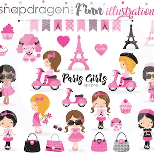 BUY5GET5 Paris Mädchen Clipart, Paris Clipart, Shopping Clipart, Süßes Paris Mädchen Clipart, Eiffelturm, Pudel, Niedliches Mädchen,