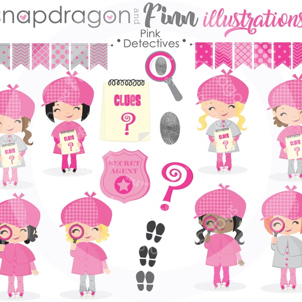 BUY5GET5 Pink Girl Detective clipart, Girl Spy clipart, Secret Agent clipart, Girl Detective, Girl Secret Agent, Commercial License Included