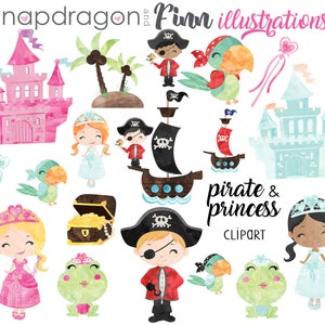 BUY5GET5 Princess and Pirate clipart, Pirate and Princess clip art, watercolor princess, watercolor pirate graphic image 1