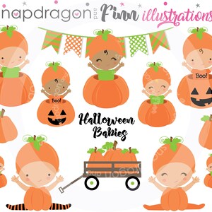 May include: A digital illustration featuring several babies dressed as pumpkins for Halloween. The babies are in orange pumpkin costumes with green tops and hats. Some pumpkins have carved faces. The text "Halloween Babies" is also present.