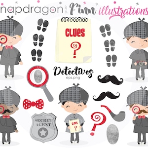BUY5GET5 Detective clipart, Spy clipart, Secret Agent clipart, clues, magnifying glass, detective, boy, Commercial License Inclu