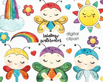 BUY5GET5 Watercolor Rainbow Clipart, Rainbow Butterfly clipart, cute butterfly illustrations, Bright Rainbow clip art, Bright Watercolor Bug