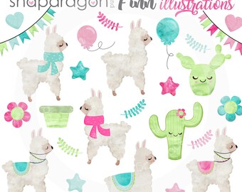 BUY5GET5 Llamas Clipart, Watercolor Llama clip art, Cactus clipart, fiesta clipart, llama illustration, Commercial License Included